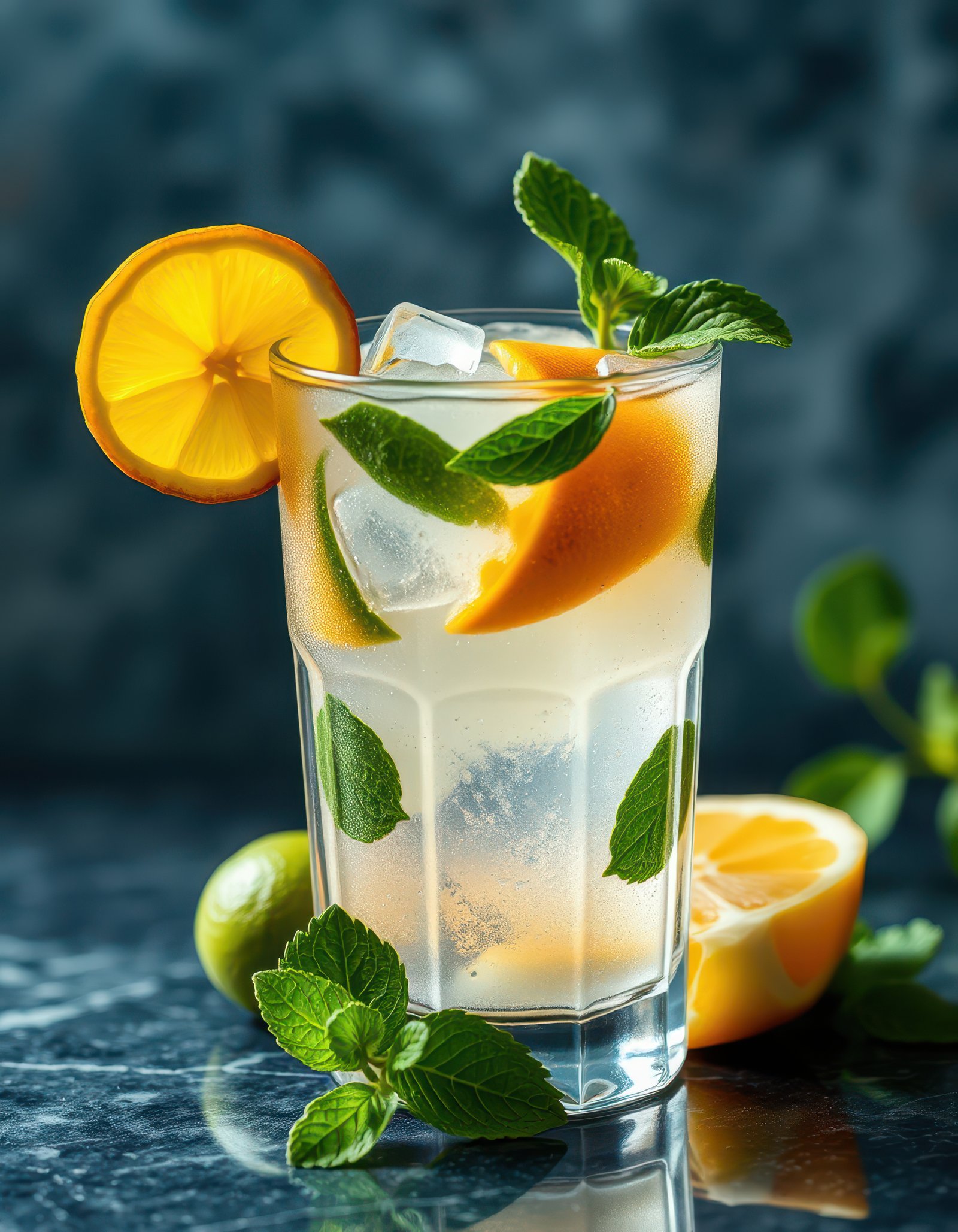 Refreshing citrus cocktail garnished with mint leaves served in a tall glass on a marble surface
